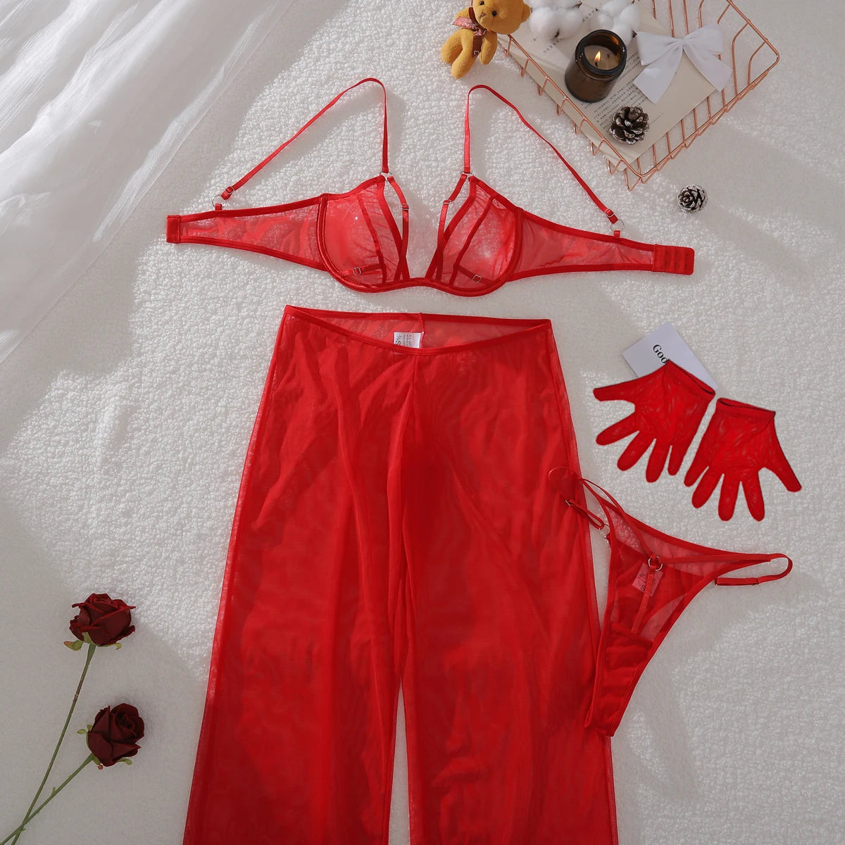 Red Four-Piece Plunge Underwire Lingerie Set