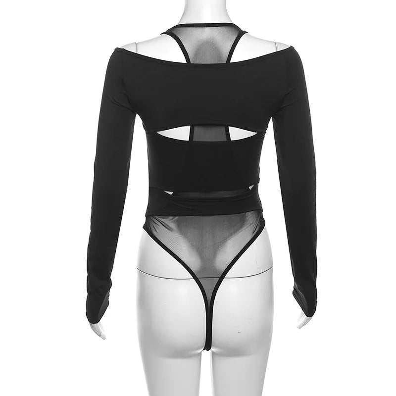 Black long-sleeve bodysuit with mesh cutouts on a mannequin against a white background