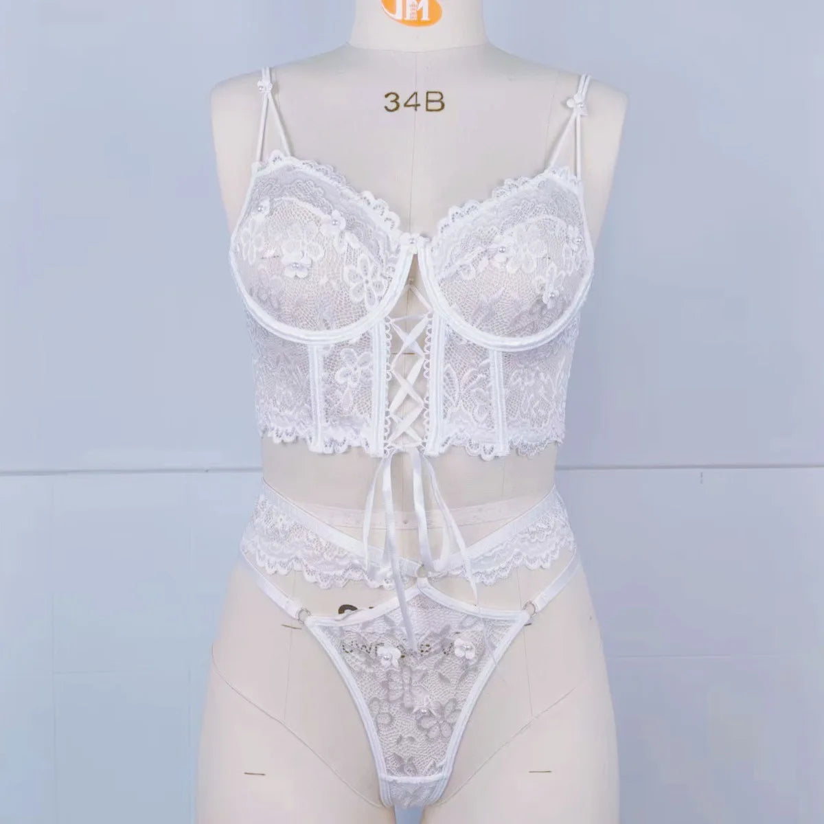 Sexy Lace Bra Set with Beaded 3D Flowers & Underwire