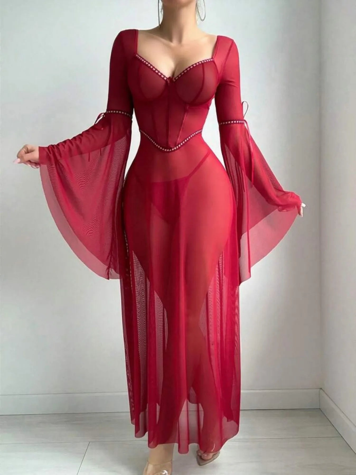 Sheer Corset Lingerie Dress – Flare Sleeve Fantasy Nightwear