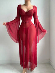 Sheer Corset Lingerie Dress – Flare Sleeve Fantasy Nightwear