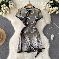 Chinese-Style Embroidered Sheer Lingerie Night Dress – Slim & Sexy