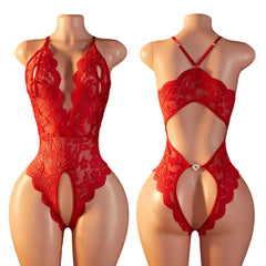 Floral Lace Halter Teddy Bodysuit