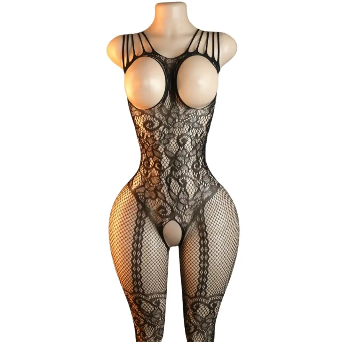 Black floral mesh bodystocking on a mannequin with multiple shoulder straps and front cutouts