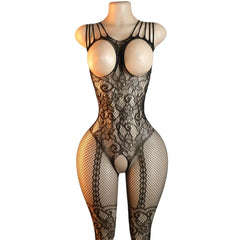 Black floral mesh bodystocking on a mannequin with multiple shoulder straps and front cutouts
