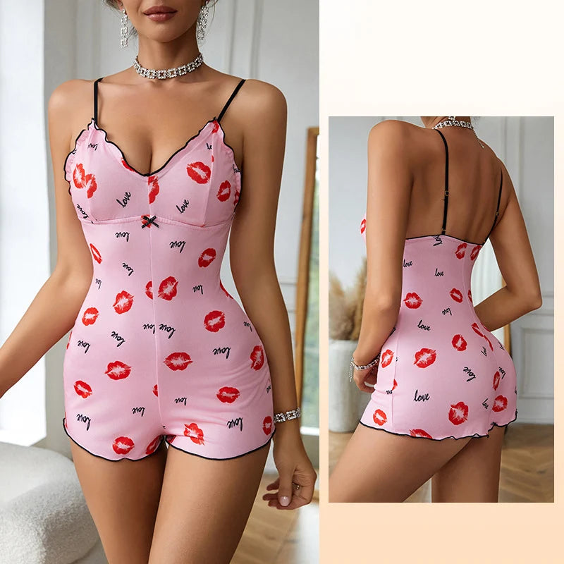 Red Lip Print Bodycon Pajama – Sexy & Comfy Sleepwear