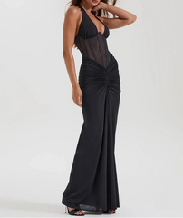Halter V-Neck Ruched Maxi Dress