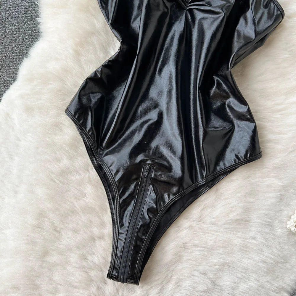 Luxury PU Leather Halter Backless Bodysuit – Sleek Hollow-Out Seduction