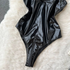 Luxury PU Leather Halter Backless Bodysuit – Sleek Hollow-Out Seduction