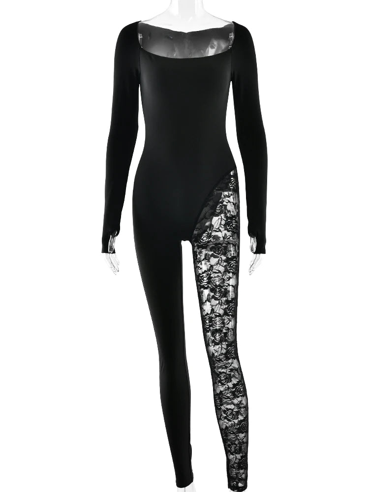Black bodysuit with floral pattern on one leg against a white background