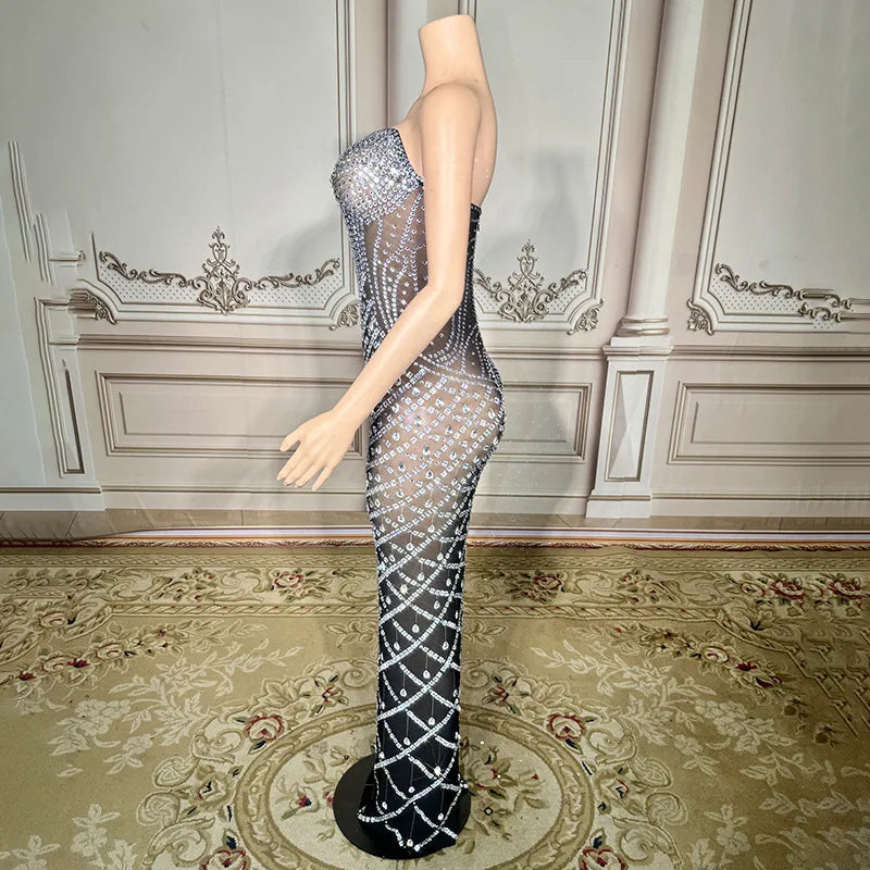 Luxurious Rhinestone Chain Mesh Backless Evening Dress