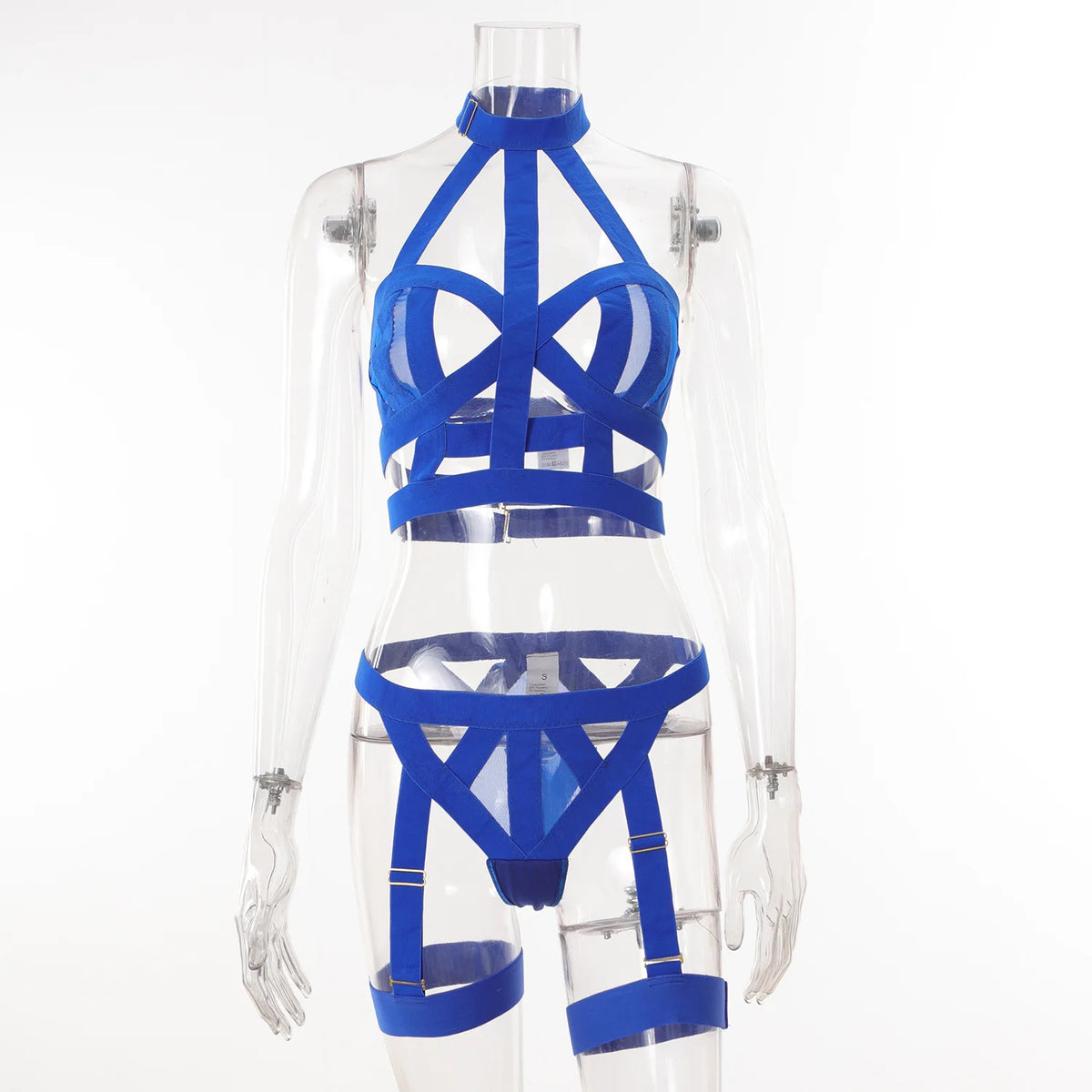 Blue strappy top and clear skirt set on a mannequin against a white background