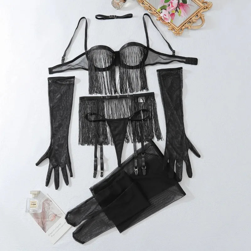8-Piece Transparent Tassel Lingerie Set