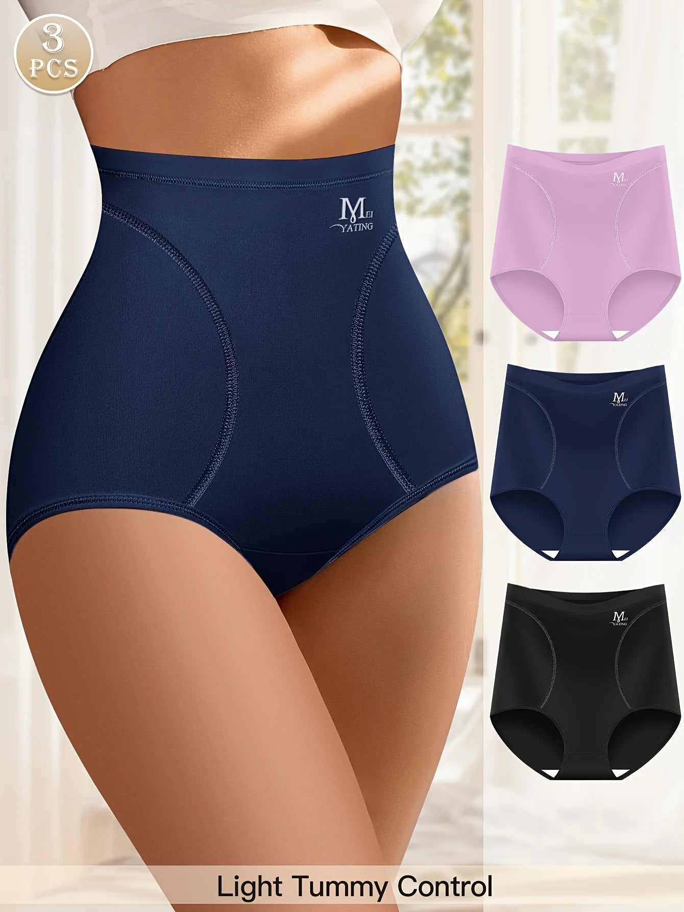Navy high-waisted underwear with 'M' brand logo, shown on a model and in three colors.