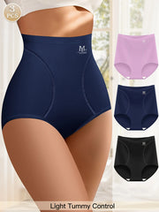 Navy high-waisted underwear with 'M' brand logo, shown on a model and in three colors.