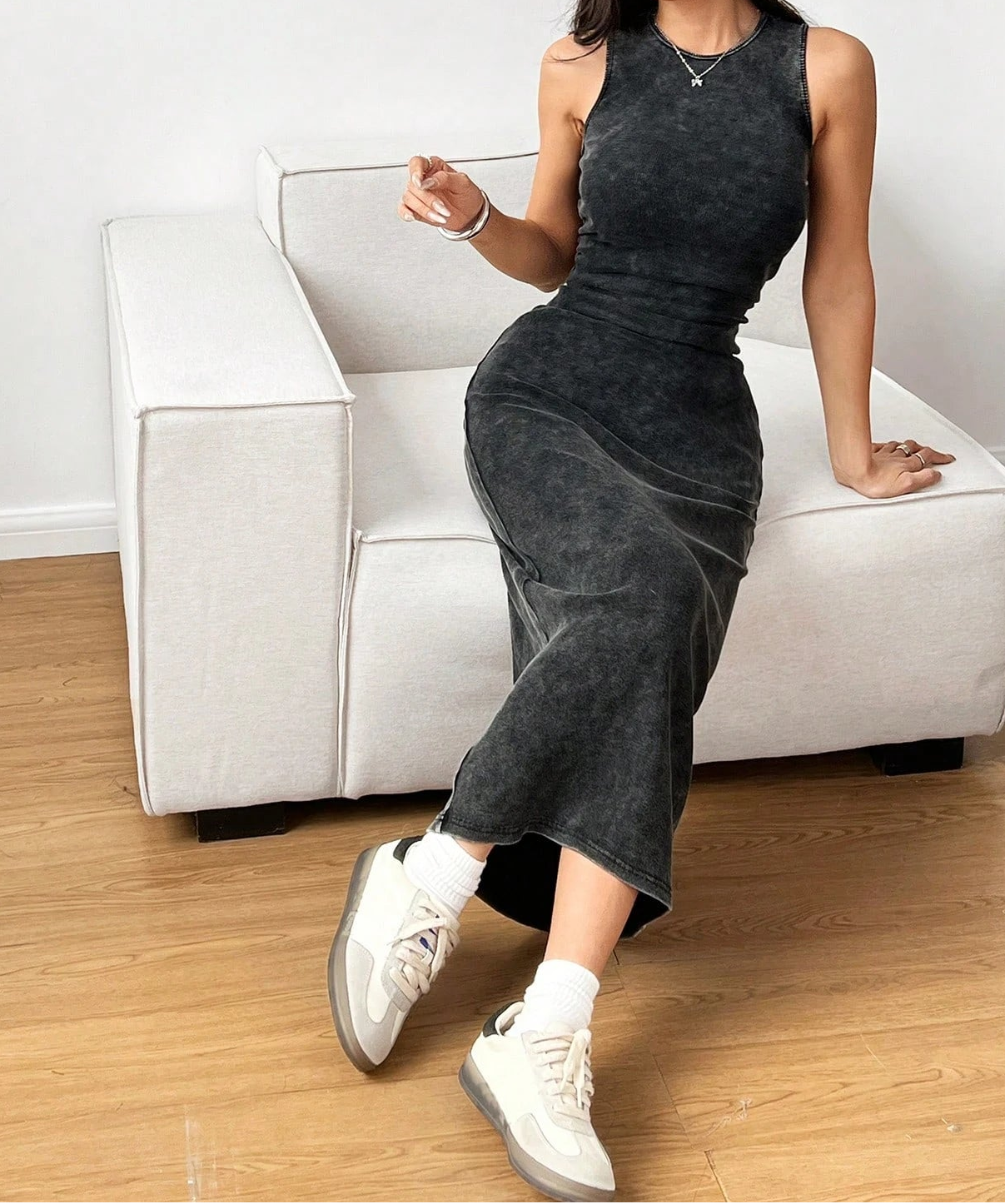 Charcoal polyester sleeveless ankle-length round-neck bodycon cami dress, slim fit for casual summer outfits.