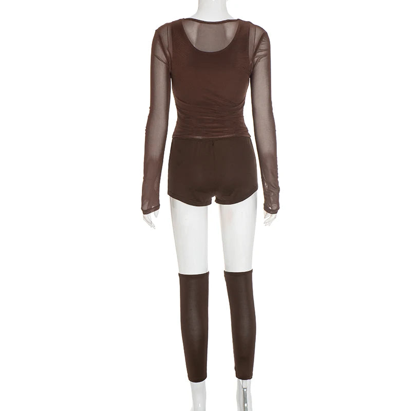 Mannequin wearing a brown outfit with sheer sleeves on a white background