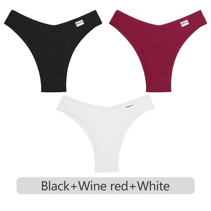 Three pairs of underwear in black, wine red, and white on a white background.