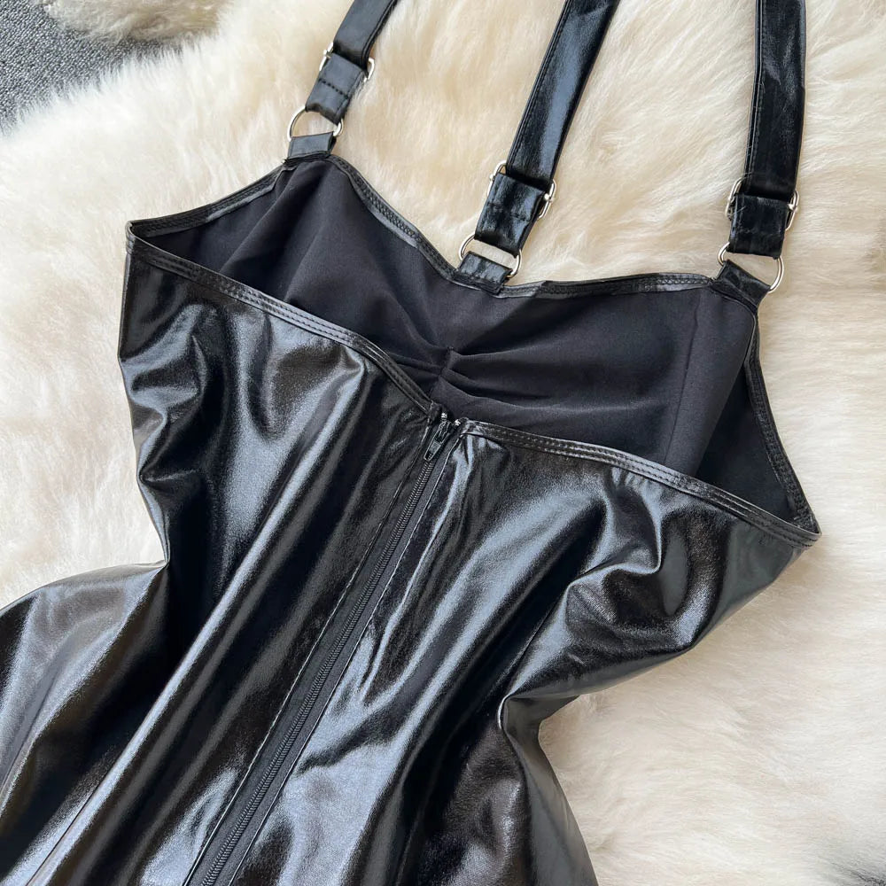 Luxury PU Leather Halter Backless Bodysuit – Sleek Hollow-Out Seduction
