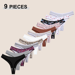 A set of 9 women's thong panties in various colors and patterns, arranged diagonally on a light beige background with the text '9 PIECES' in the top left corner.