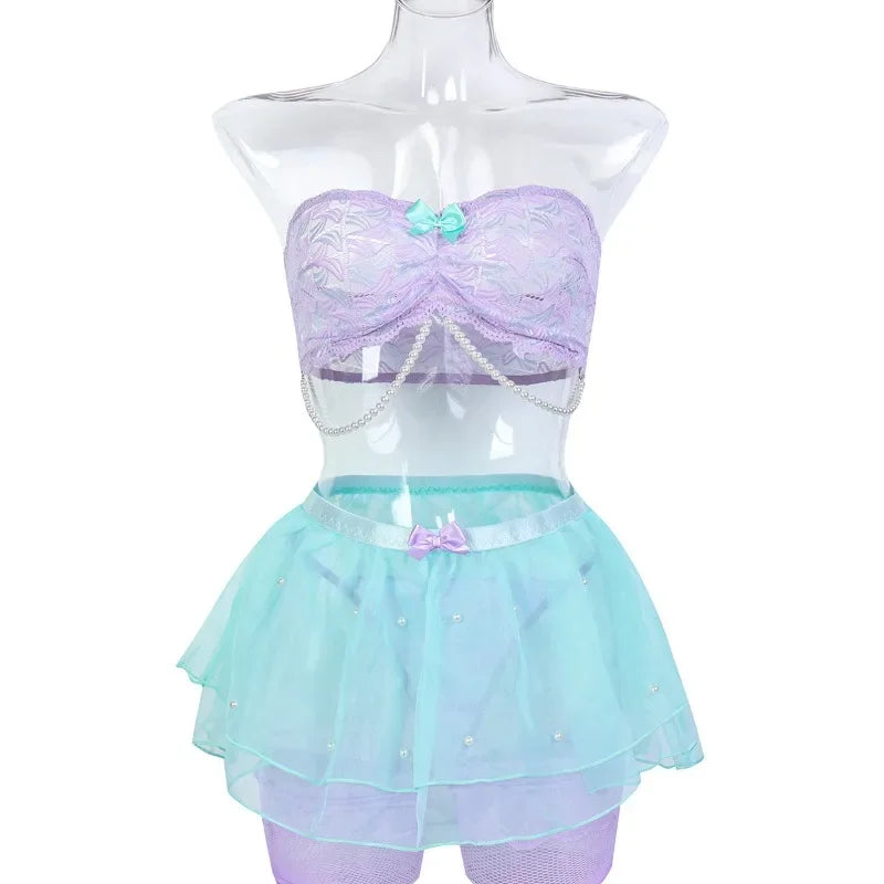 Sexy 4-Piece Beaded Lingerie Set – Colorful Mesh & Tutu Skirt