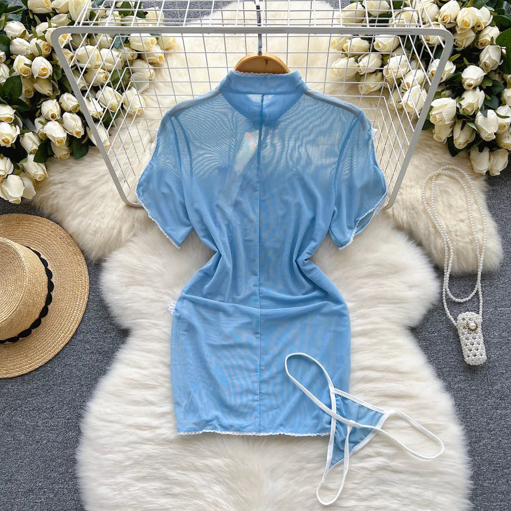 Retro Sheer Cheongsam Night Dress – Slim Fit Split Lingerie with Button Detail