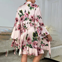Women's Satin Robe & Nightgown Set - Pink Rose Print