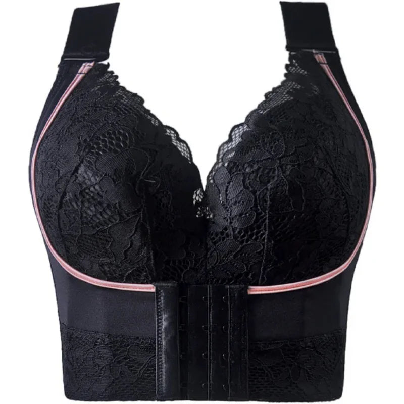 Black lace bra with pink accents on a white background