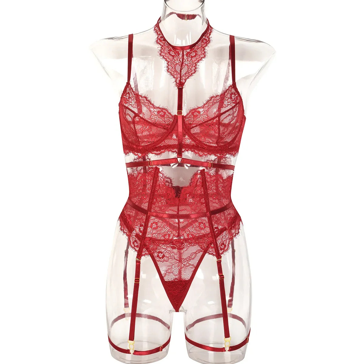 Red lace lingerie set on a clear mannequin against a white background