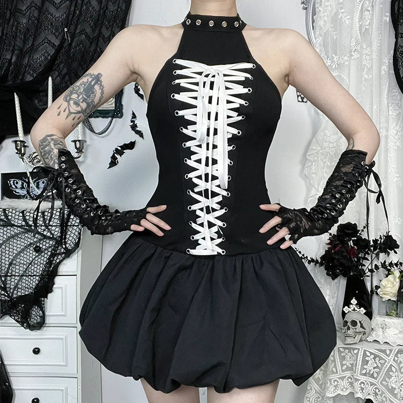 Mall Goth Halter Mini Dress – Slim Fit E-Girl Grunge Bandage Streetwear