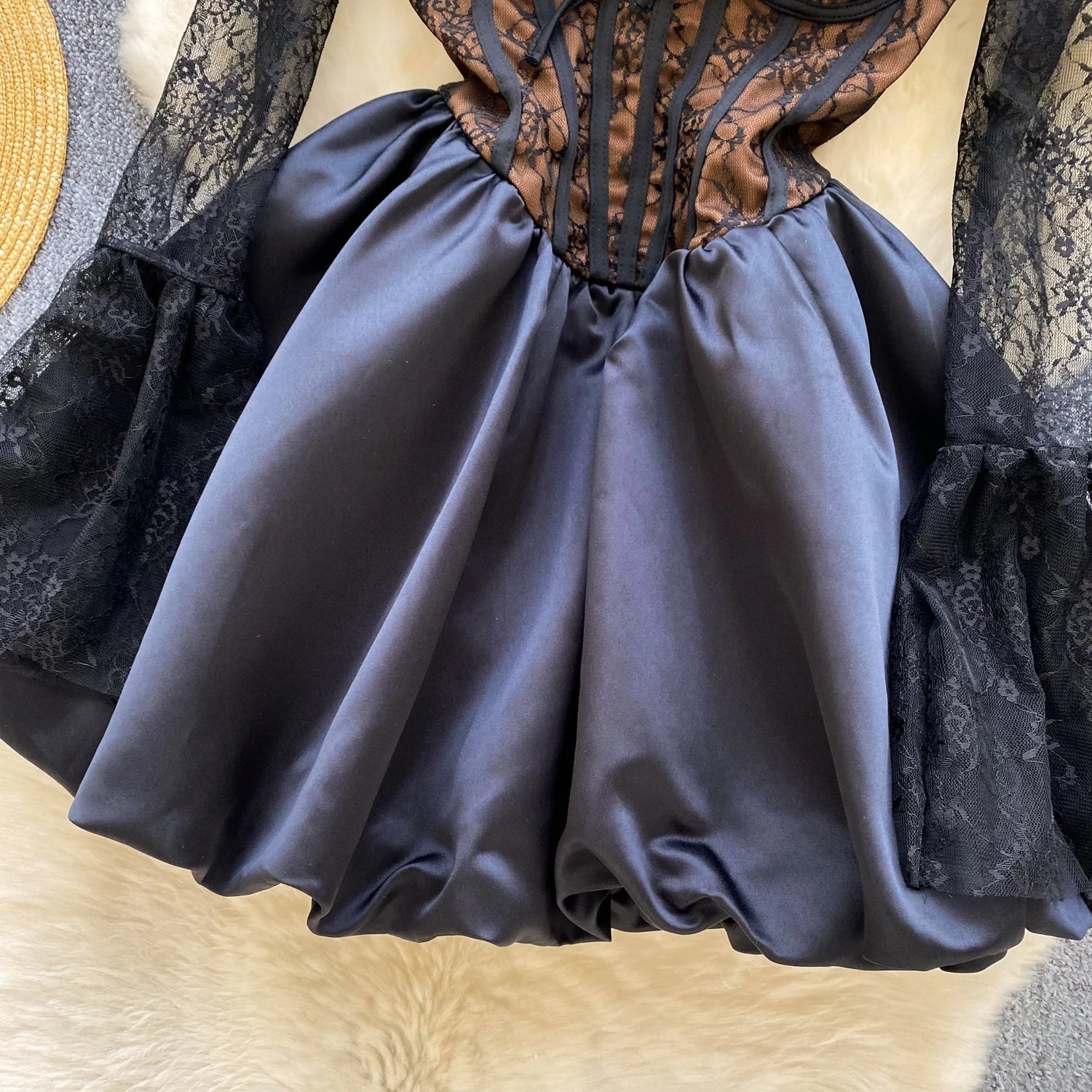 Chic Lace Strapless A-Line Dress – Full Sleeves & Puffy Skirt