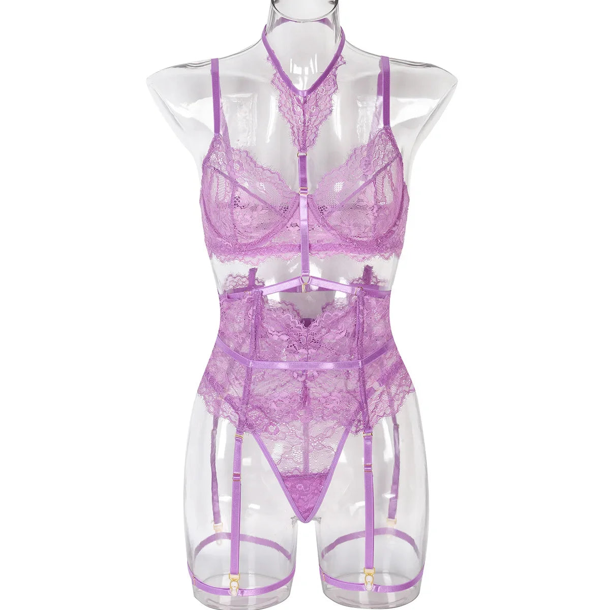 Purple lace lingerie set on a transparent mannequin against a white background