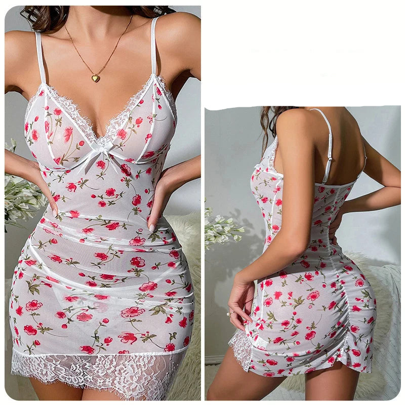 White lace nightgown with red floral pattern worn by a model.