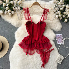 Lace Sensual Mesh Camis & Ruffled Underwear Set for Women
