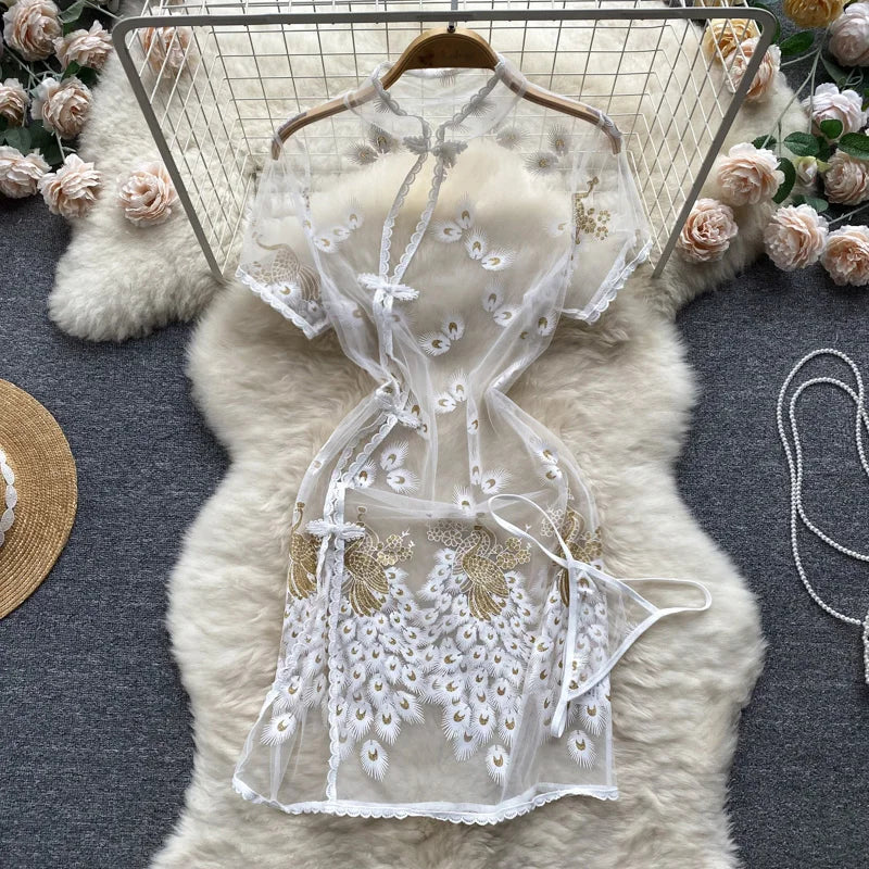 Chinese-Style Embroidered Sheer Lingerie Night Dress – Slim & Sexy