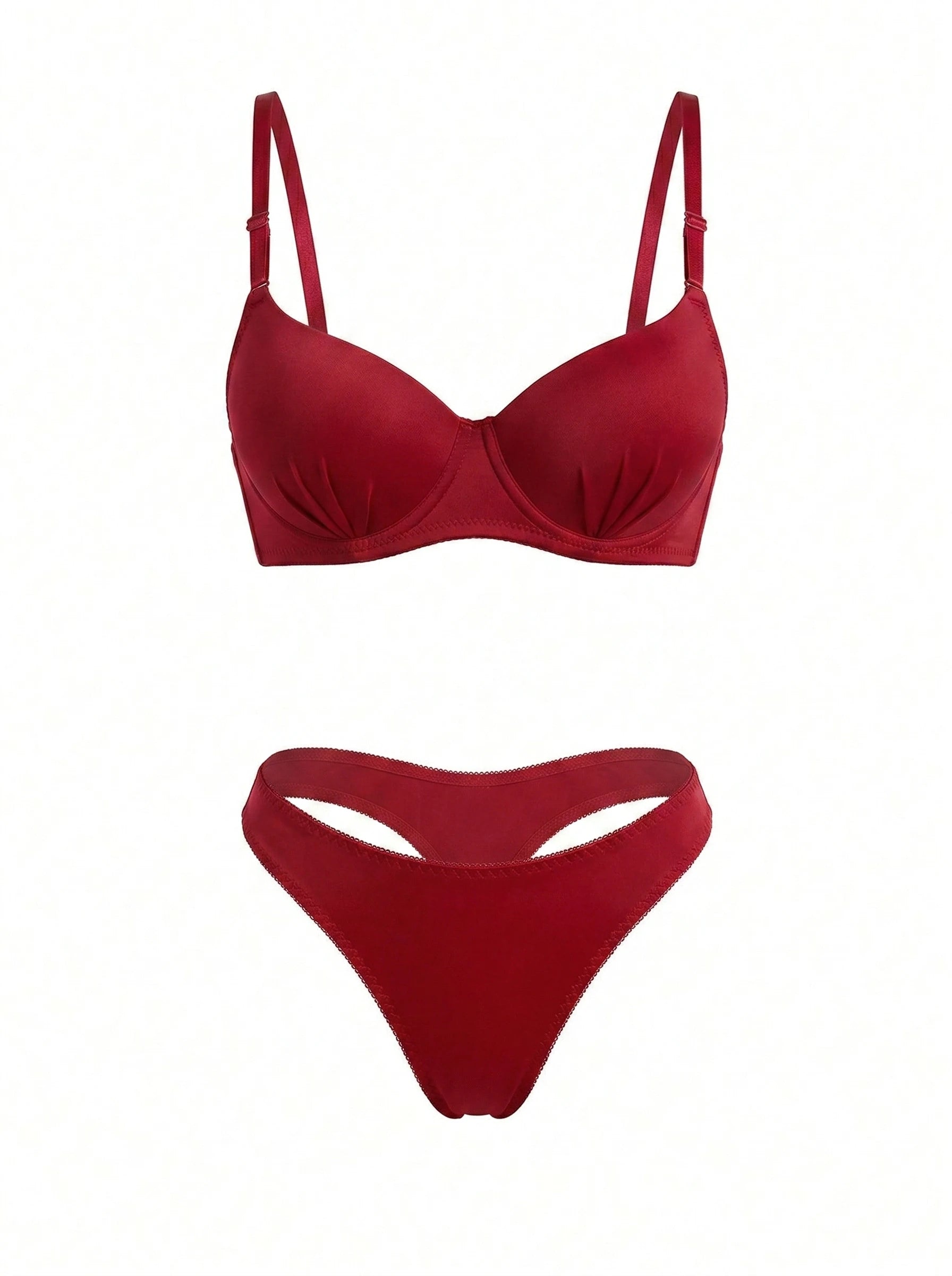 A two-piece bikini set in a deep red color, featuring a structured underwire bra top with thin shoulder straps and matching high-cut bikini bottoms with a front keyhole cutout, displayed against a solid white background.