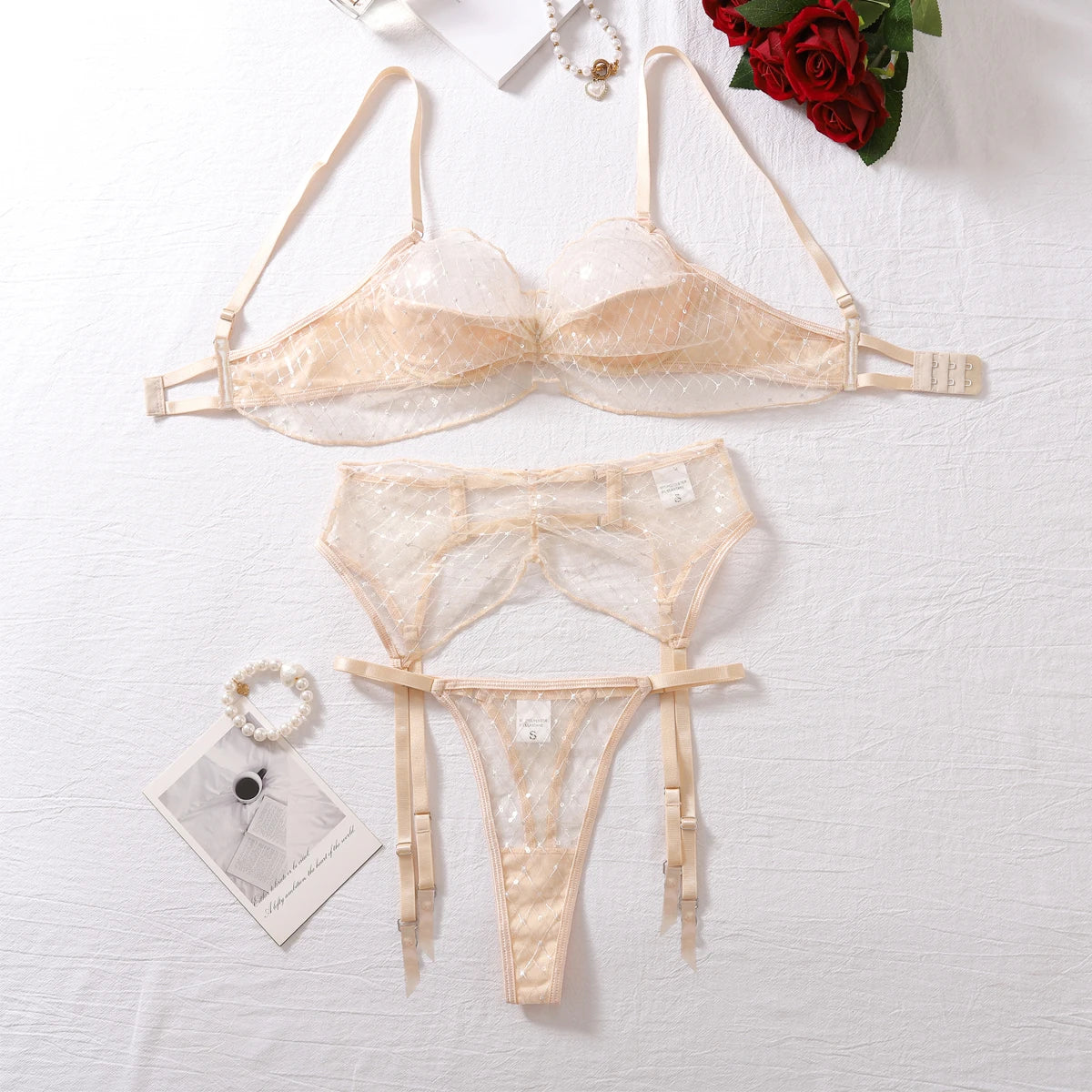 Sheer Tulle Lingerie Set with Polka Dots & Plaid
