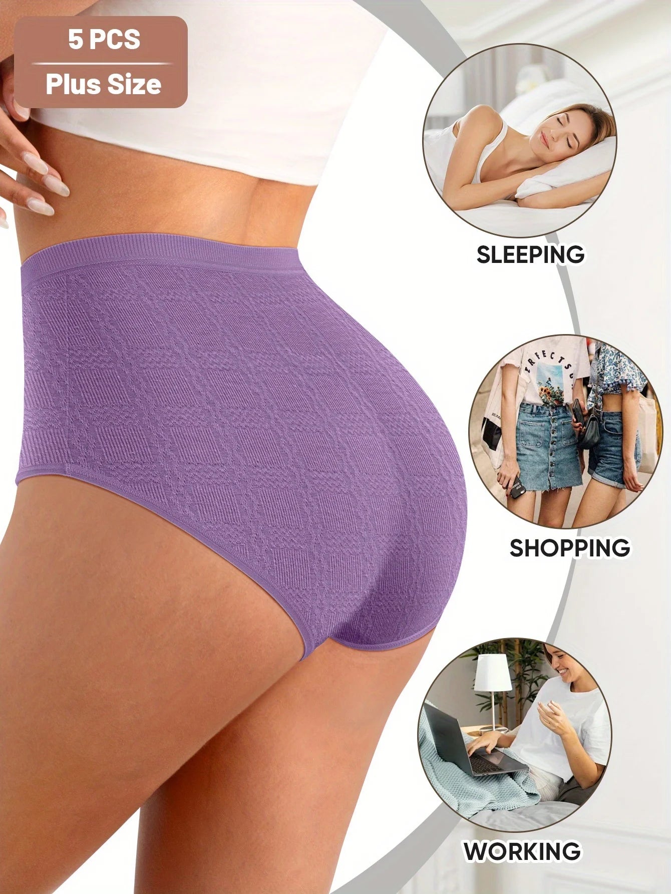 Purple plus-size shapewear with lifestyle images of a woman sleeping, shopping, and working.