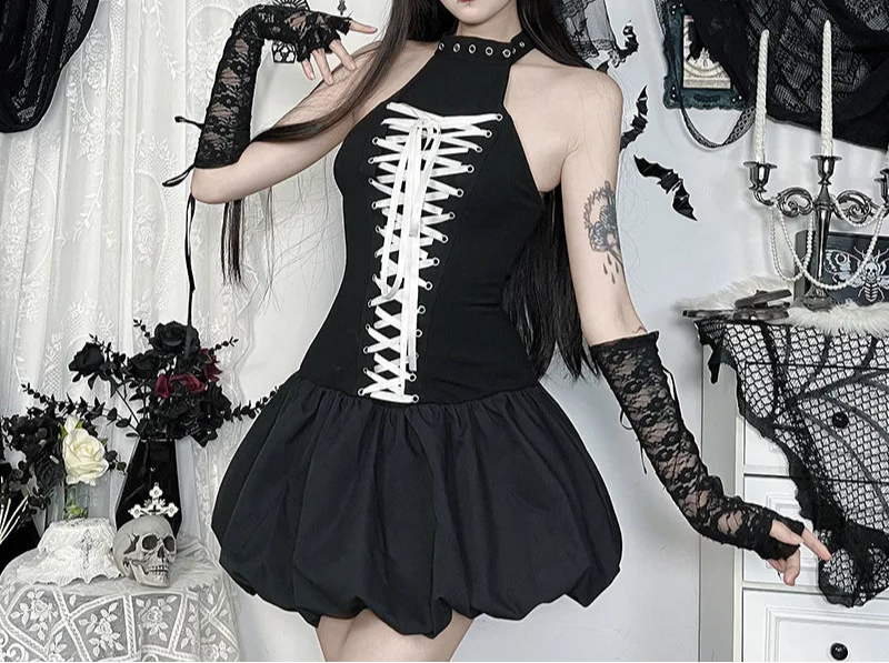 Mall Goth Halter Mini Dress – Slim Fit E-Girl Grunge Bandage Streetwear