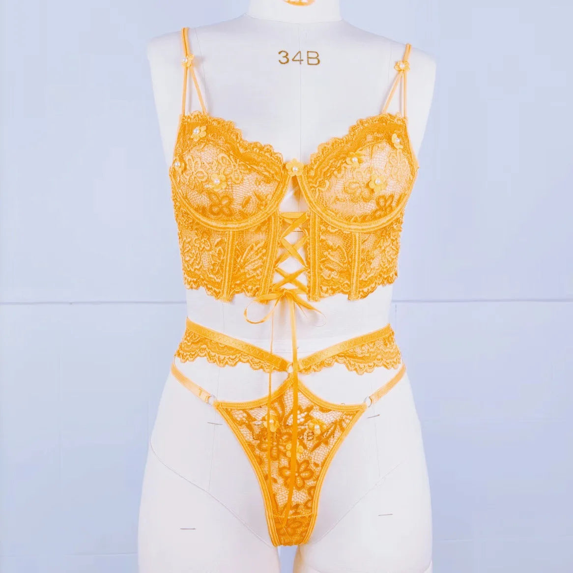Sexy Lace Bra Set with Beaded 3D Flowers & Underwire