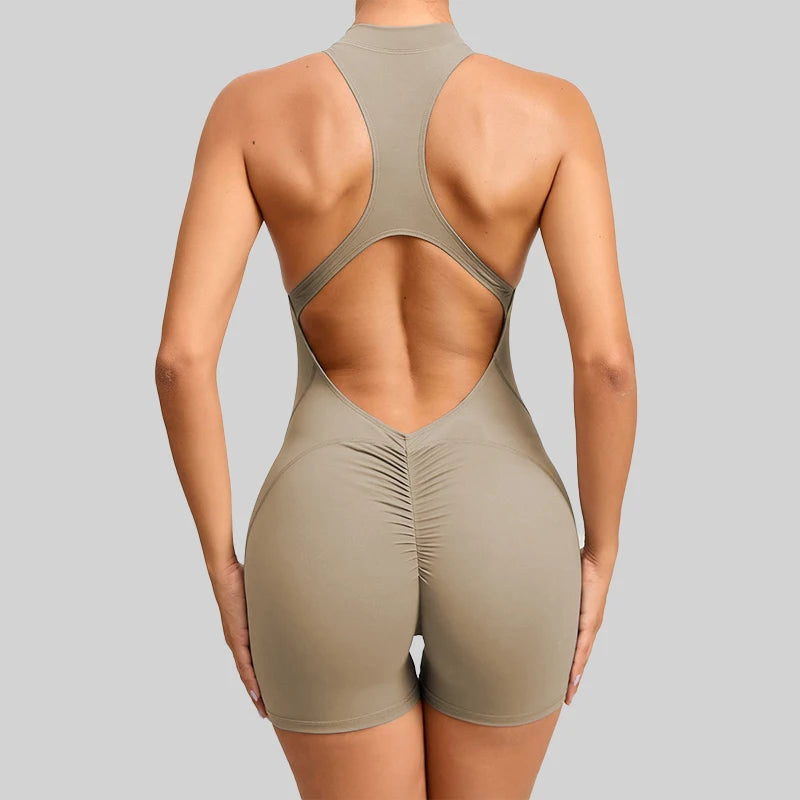 Women’s V-Back Scrunch Sports Jumpsuit – Zipper One-Piece