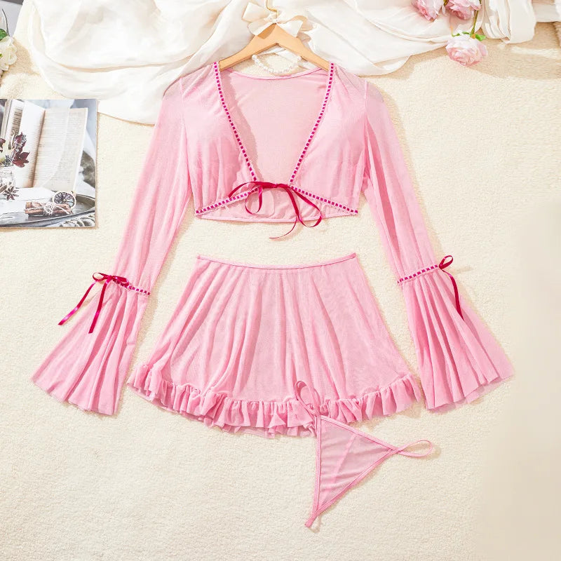 Pink Lingerie Set With Crop Top & Mini Skirt And G-string