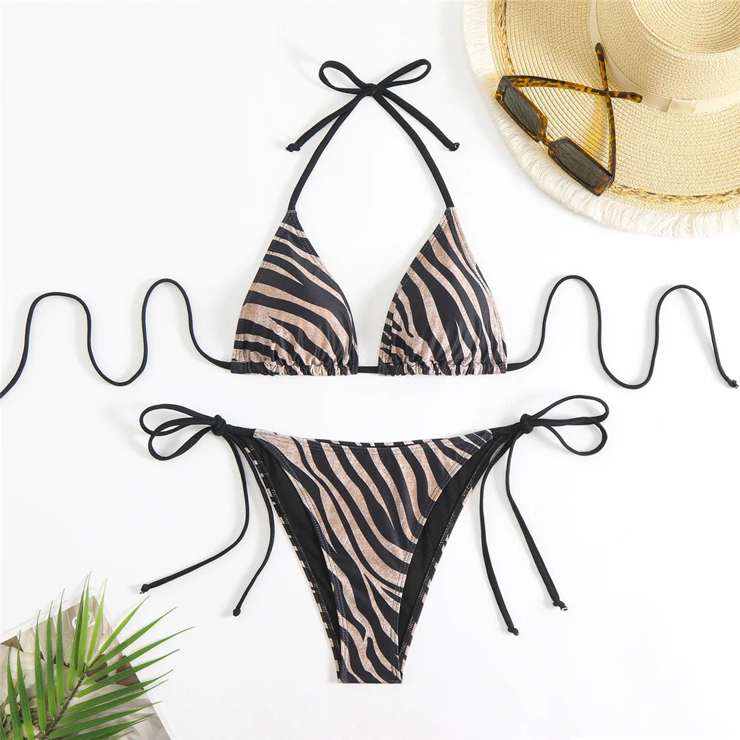 Striped Halter Bikini Set – High-Leg Cut Strappy Two-Piece Swimwear