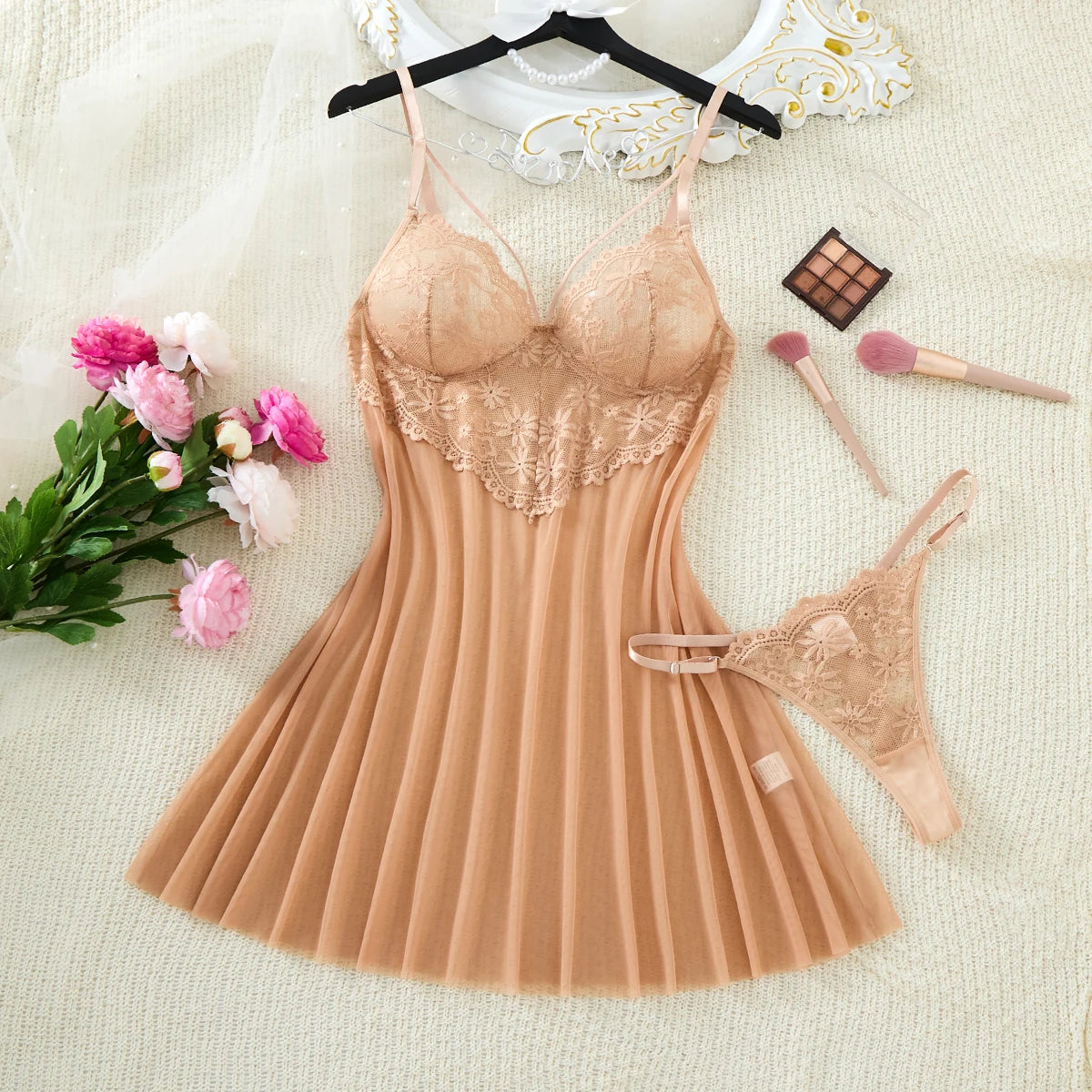 Champagne Floral Lace 2-Piece Chemise Set