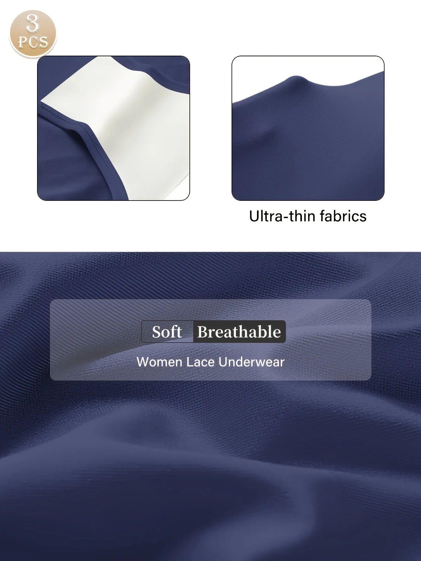 Navy blue lace underwear with ultra-thin fabric details and soft breathable text.