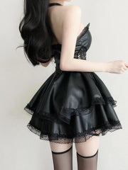 Leather Sheath Strapless Sexy Dress with Lace-Up and Ruffles