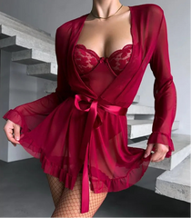 Red lace lingerie set with matching robe on a neutral background, featuring the brand 'TOUCHEART'.
