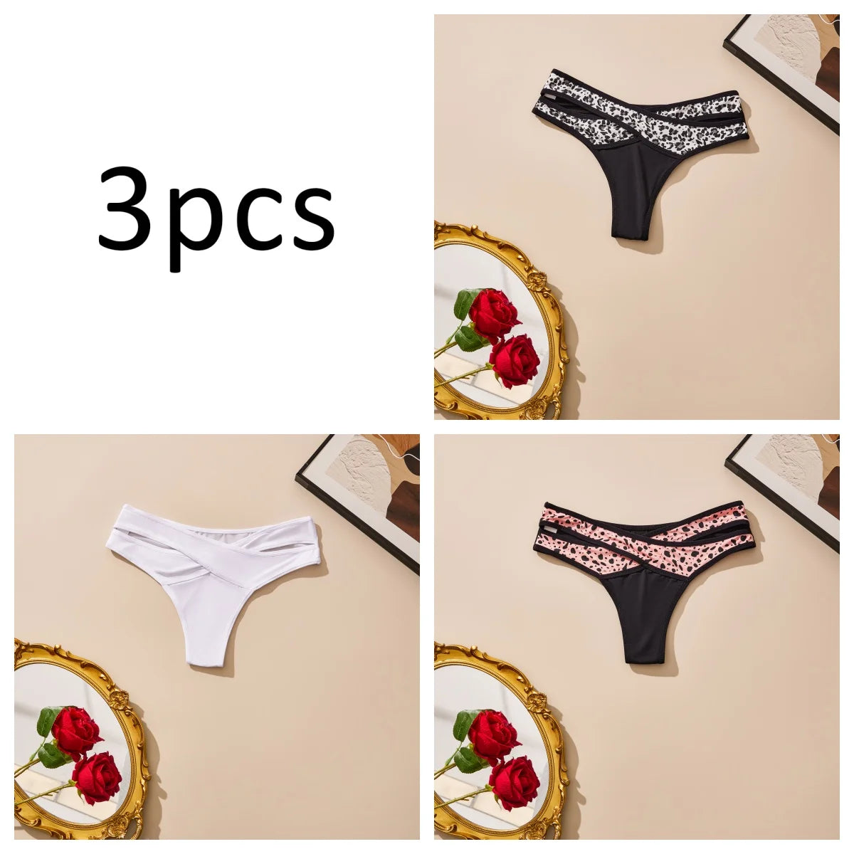 3-Piece Leopard Print Low Rise Thongs