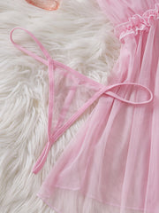 Women Sheer Ruffle Babydoll Nightgown Thong Set