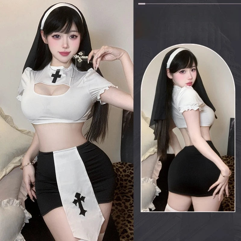 Person wearing a black and white outfit with cross designs in two different poses.